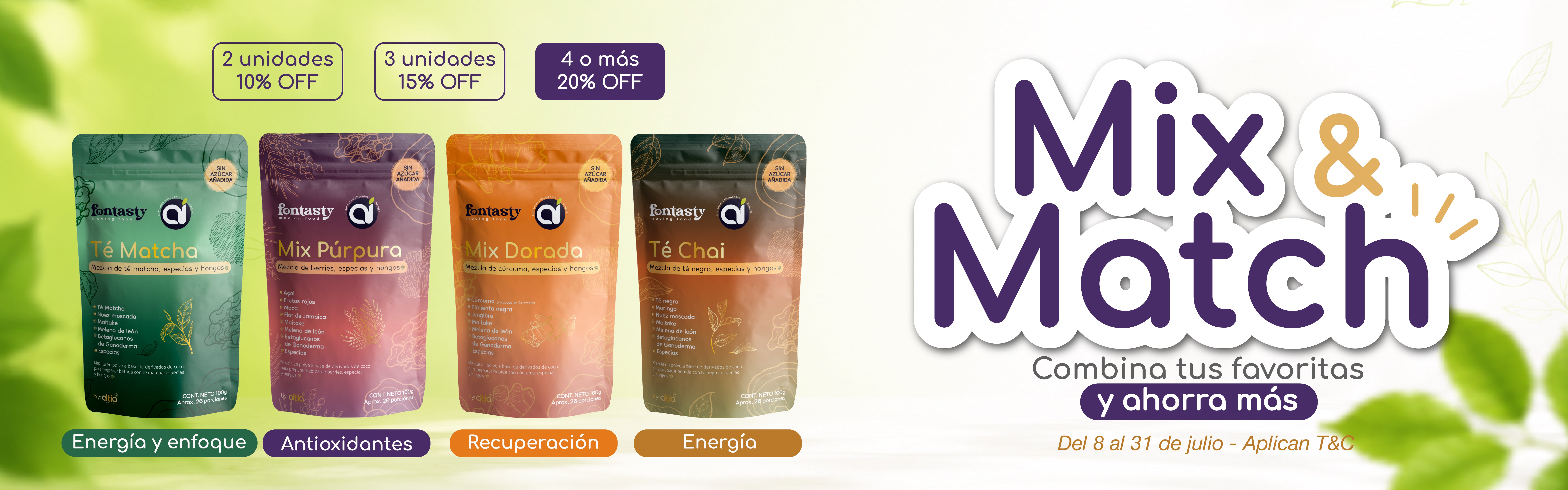 Mix & Match de bebidas funcionales Alimentos Inteligentes con Té Matcha, Mix Púrpura, Mix Dorada y Té Chai para combinar y ahorrar más.