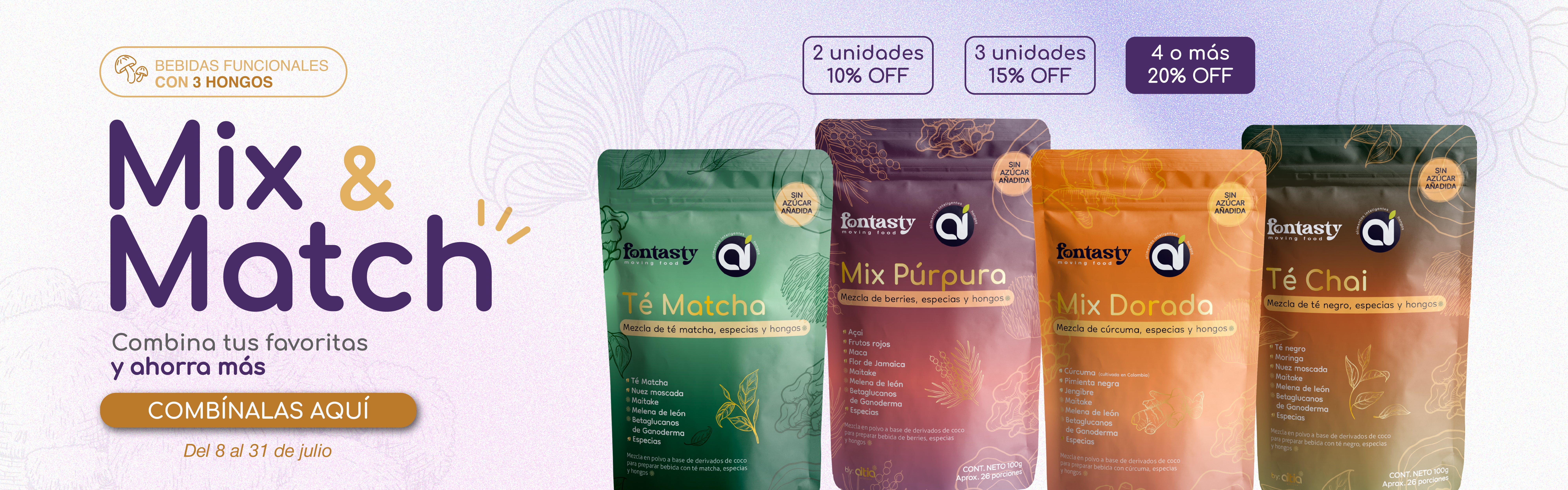 Mix & Match de bebidas funcionales Alimentos Inteligentes con Té Matcha, Mix Púrpura, Mix Dorada y Té Chai para combinar y ahorrar más.